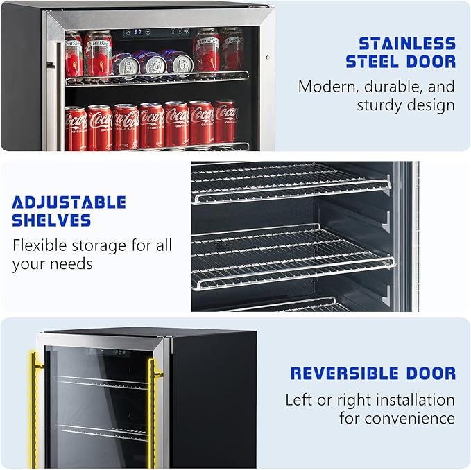 Albott Beverage Refrigerator-24 In fridge with Glass Door, Adjustable Shelves and LED Touch Panel, Under Counter Design for Wine Beer, Built-In or Freestanding Use, 34-64℉