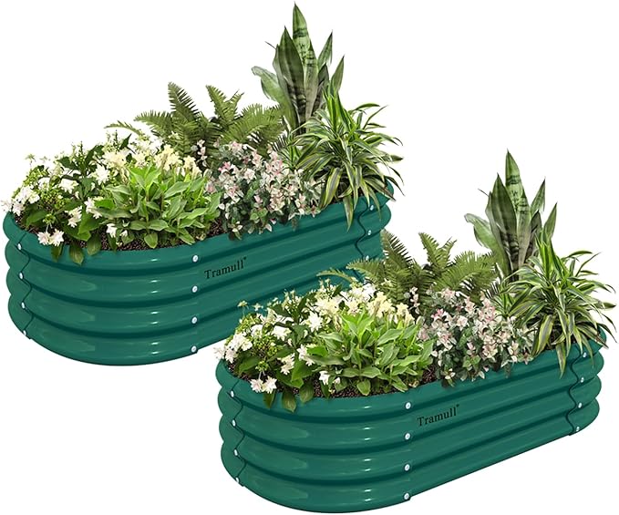 2 Pack 4x2x1FT Galvanized Raised Garden Bed Kit Oval Metal Ground Planter Box Outdoor Bottomless Planter Raised Beds for Vegetables Flowers Herbs Fruits, Green