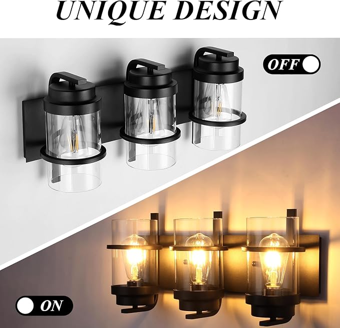Bathroom Vanity Light Fixtures,Rustic Matte Black Vanity Lights 3 Bulb,Industrial Bathroom Light 3 Pack(Bulbs not Included)