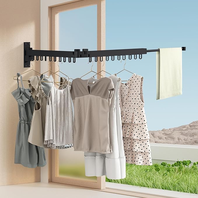 Bakala Clothes Drying Rack Foldable, Laundry Drying Rack Clothing Wall Mounted, Clothing Racks for Hanging Clothes, Heavy-duty Space Saving Hanger,Retractable,Expandable,Collapsible, 64" (Hooks,Black)