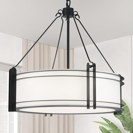 20.4''Drum Chandelier,5-Light Fabric Modern Chandeliers,Black Farmhouse Round Pendant Light Fixture for Dining Room Kitchen Island Living Room Bedroom Hallway
