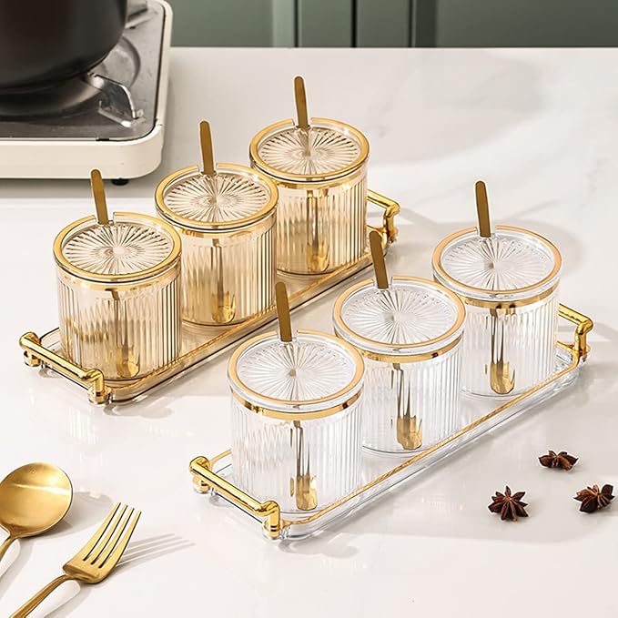 Acrylic Condiment Spice Jars and Box with Lids, Spoons, Tray - 3 Pack, Clear Plastic Canisters, Seasoning Box Set for Salt, Paprika, Sugar - Kitchen Storage