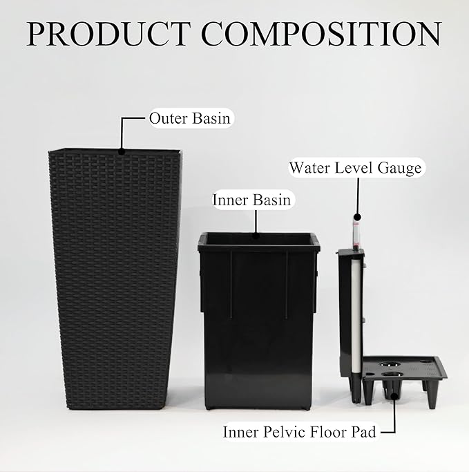 30in Tall Large Plant Pots Planter-Self-Watering Indoor/Outdoor Planting with Drain Holes, Water Level Monitor, Inner Bucket for Front Porch Patio, Black Large