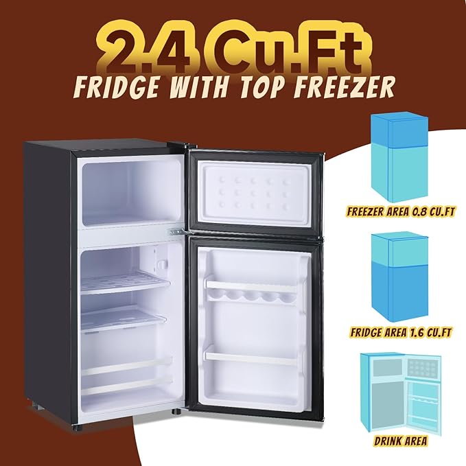 2.4 Cu.ft Mini Fridge with Freezer Compact Fridge Refrigerator Dual Door Small Fridge Senven Temp Gear Removable Shelves Dark Grey