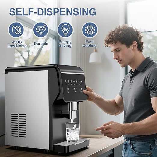 3-in-1 Nugget Ice Maker with Ice & Water Dispenser - 90Lbs/24H Pellet Chewable Ice, Self-Cleaning Countertop Stainless Steel Ice Machine for Commercial, Office, Kitchen, Party (Quiet Operation)
