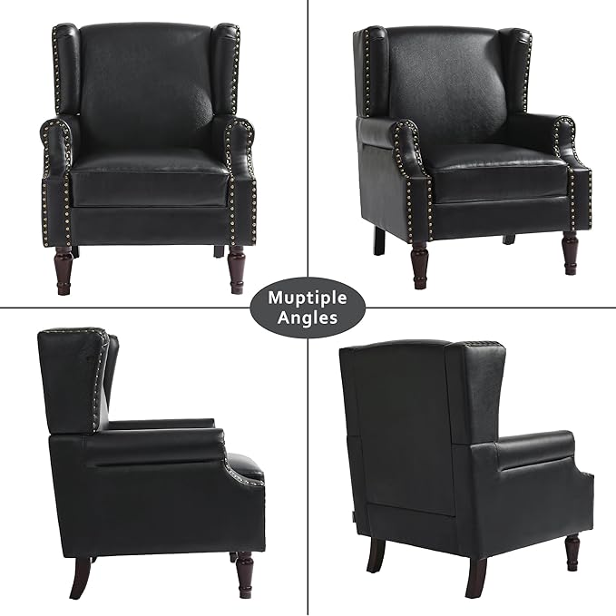 Accent Chairs, Faux Leather High Back Armchair Set of 2 or Living Room, Comfy Upholstered Single Sofa Reading Chairs with Solid Wood Legs for Office, Bedroom, Waiting Room-Black