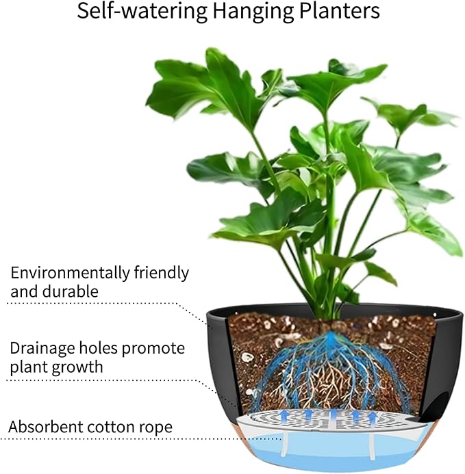 2 Pack Hanging Planters for Indoor Outdoor Plants, 12 Inch Self Watering Hanging Pot with Drainage Holes and Saucer, Plastic Plant Pots, Black Brown Flower Pots for Kitchen, Balcony, Garden