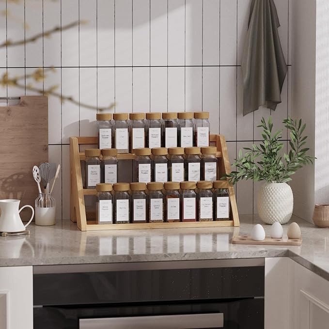 Bamboo Spice Rack Organizer -3-Tier Spice Rack for Countertop,Cabinet Spice Rack Organizer for 27 Spice Jars(4oz)，Step Shelf (yellow)