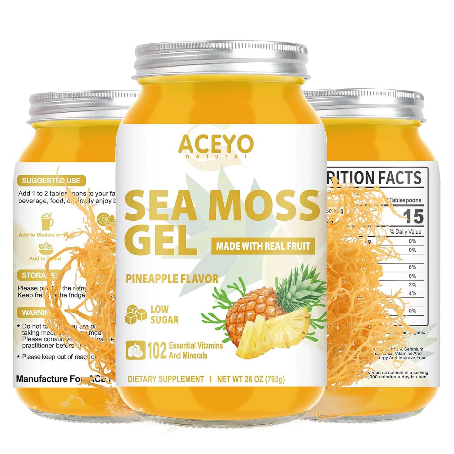(28 OZ) Sea Moss Gel Raw Flavored Irish Seamoss Gel Natural Vegan Pineapple 102 Vitamins and Minerals Wild Harvested Non-GMO.