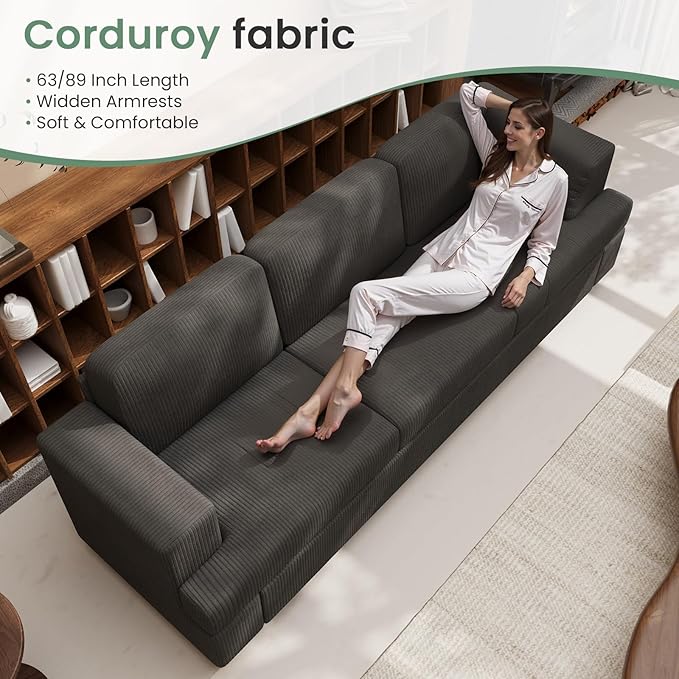 2 Piece Set Comfy Sofa Couch, 2 3-Seater Sofa with Deep Seats, Modern Sleeper Couch for Living Room, Black Corduroy