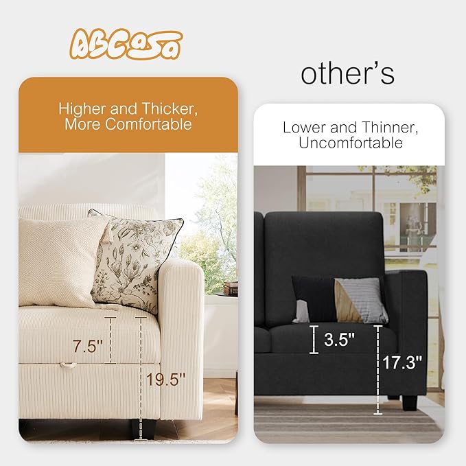 38.5 Oversized Accent Chair with Storage Ivory Corduroy, Single Modern Accent Sofa Chair with Arms for Apartment Living Room (21" Deep Seat)