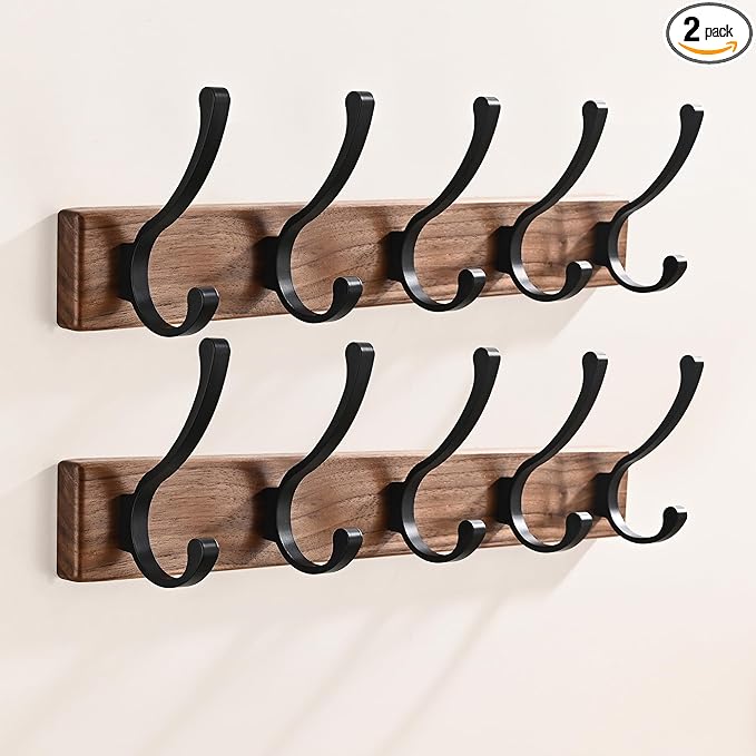 2 Pack 17.3" Small Wooden Coat Rack Wall Mounted with 5 Hooks, Entryway Wall Hooks Coat Hanger for Hanging Towel Clothes Hat Backpack Shoe Purse Key Holder Multi Hook Rail by Black Walnut Wood
