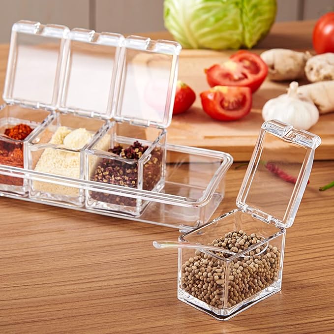4 PCS Seasoning Box, Clear Spice Containers with Spoon, Acrylic Toppings Containers with Lids, Kitchen Multi Spice Box for Salt, Sugar, Pepper, Garlic Powder