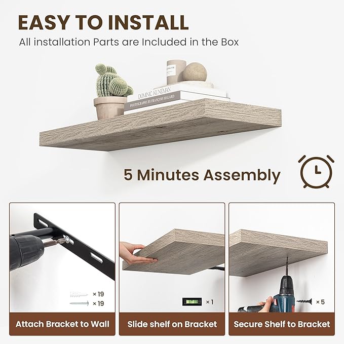 36 Inch Floating Shelves, 11.6 Inch Deep Floating Shelves for Wall, Floating Shelf with Invisible Brackets, Deep Shelves for Bathroom, Bedroom, Living Room, 2 Pack, Vintage Gray Oak