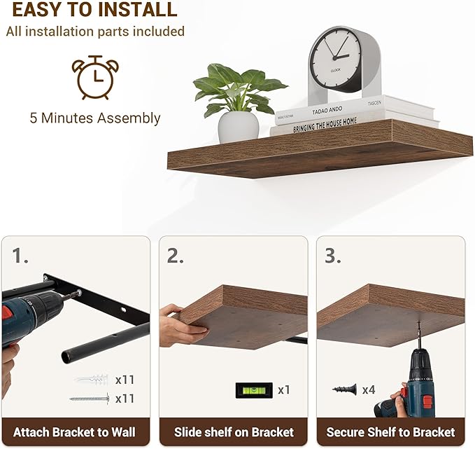 24 Inch Floating Shelves, 24"x9.25"x1.5" Inch Deep Floating Shelves for Wall, Wooden Shelves for Bathroom, Bedroom, Living Room, Brown
