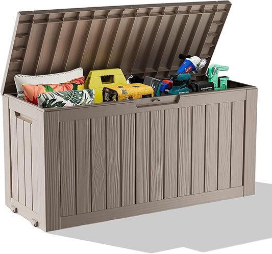 75 Gallon Resin Deck Box, Lockable Patio Outdoor Storage Box for Furniture, Garden Tools and Tools Storage, Waterproof Outside Storage Boxes - Grey