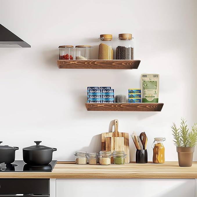 16"x6.8"x1.6" Slanted Floating Wall Shelves 2-Pack - Rustic Brown Finish, Heavy-Duty Solid Wood Design with Hidden Brackets - Perfect for Living Room, Kitchen, Bathroom, or Office