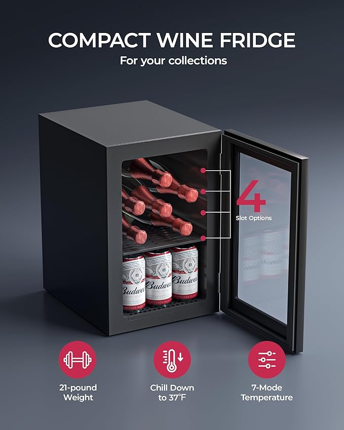 6 Bottles and 6 Cans Compact Beverage Refrigerator, Freestanding Mini Fridge with Temperature Control for Beer Wine, Under Counter Small Refrigerator Adjustable Shelve & Glass Door for Home and Bar