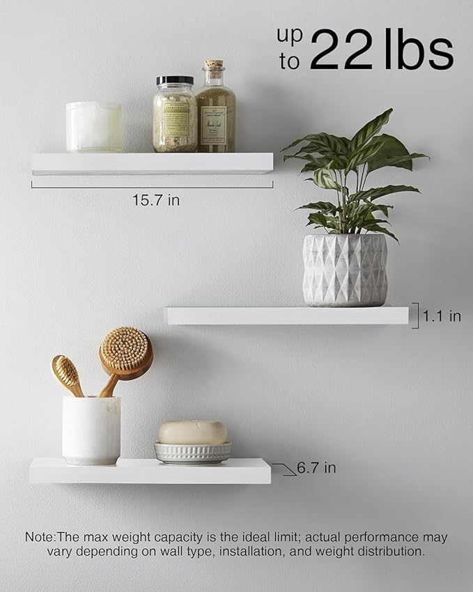BAYKA Floating Shelves for Wall – Rustic Wood Wall Shelves with Metal Brackets for Bathroom, Bedroom, Kitchen, or Living Room Decor – White, Set of 3, Sturdy Storage with 22lb Capacity