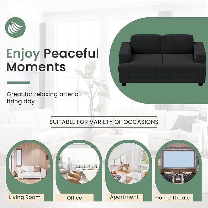 2 Piece Set Comfy Sofa Couch, 2 3-Seater Sofa with Deep Seats, Modern Sleeper Couch for Living Room, Black Corduroy