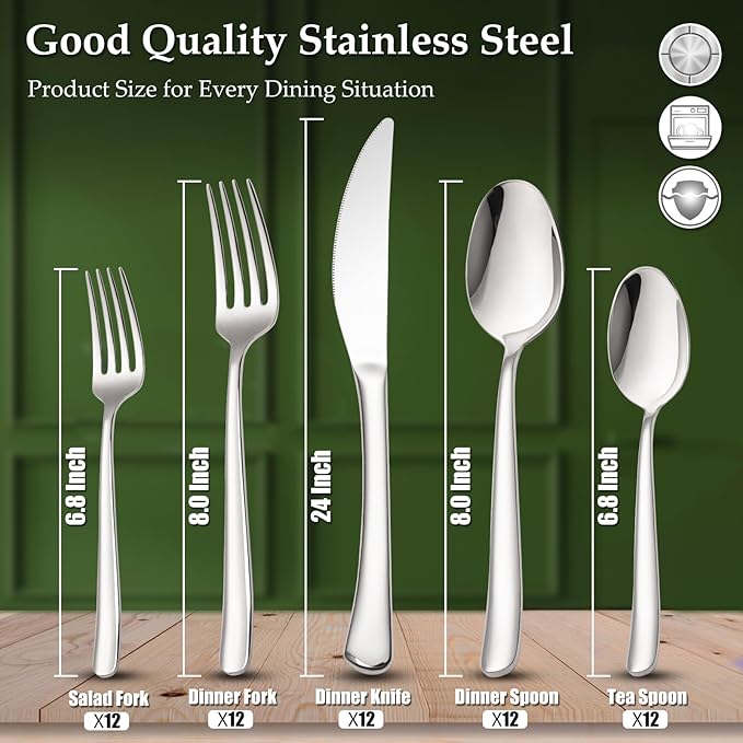 Aisoso 60-Piece High-End Silverware Set with Forks Spoons and Knives, Stainless Steel Serving Utensils for 12 with Mirror Finished Handle, Durability and Dishwasher Safe for Restaurant, Weddings