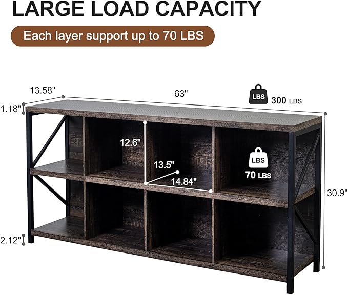 8 Cube Storage Organizer Bookshelf, Industrial Horizontal Bookcase, Accent Cubby Shelf, Media Console Table for Living Room, Home Office, 63 Inches, Dark Grey Oak