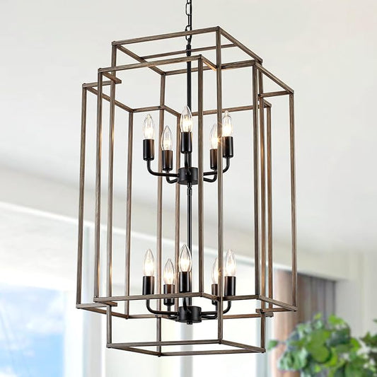 30" Black Farmhouse Chandelier, 10-Light Foyer Lighting Fixtures, Lantern Tiered Pendant Light Fixtures, Metal Wood Grain Finish Rustic High Ceiling Chandelier for Dining Room Entryway Staircase