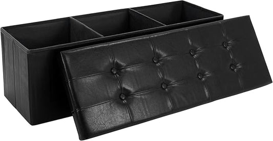 43 Inches Folding Storage Ottoman Bench, PU Leather Storage Chest, Footrest Padded Seat for Bedroom and Hallway, Holds up to 660 lbs, Black