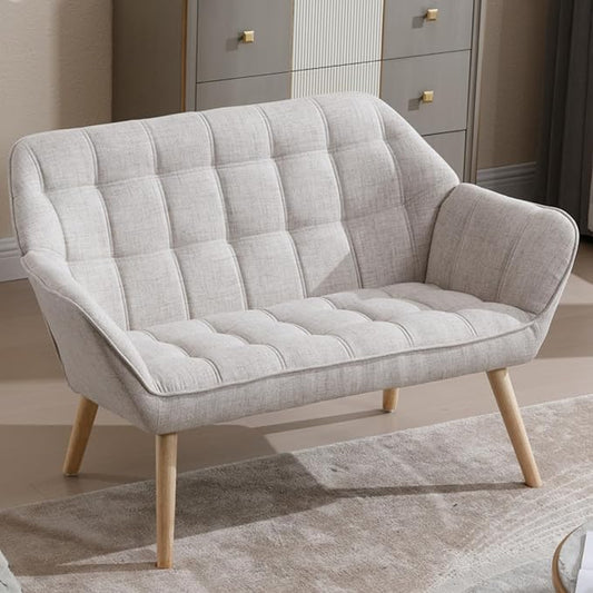 48" Small Loveseat Sofa, Modern Linen Fabric Mini Sofa Couch 2-Seater Love Seat with Quilting Backs and Wood Legs for Living Room, Bedroom and Small Space, Beige