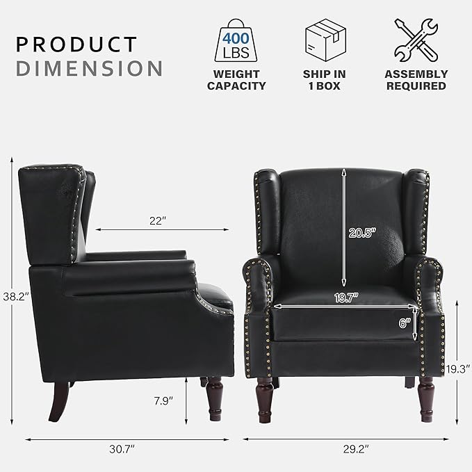 Accent Chairs, Faux Leather High Back Armchair Set of 2 or Living Room, Comfy Upholstered Single Sofa Reading Chairs with Solid Wood Legs for Office, Bedroom, Waiting Room-Black