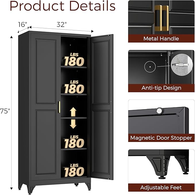75" Kitchen Pantry Cabinet, Black Metal Storage Cabinets with 2 Doors and 4 Adjustable Shelves, Tall Pantry Storage Cabinet for Kitchen, Dining Room, Living Room
