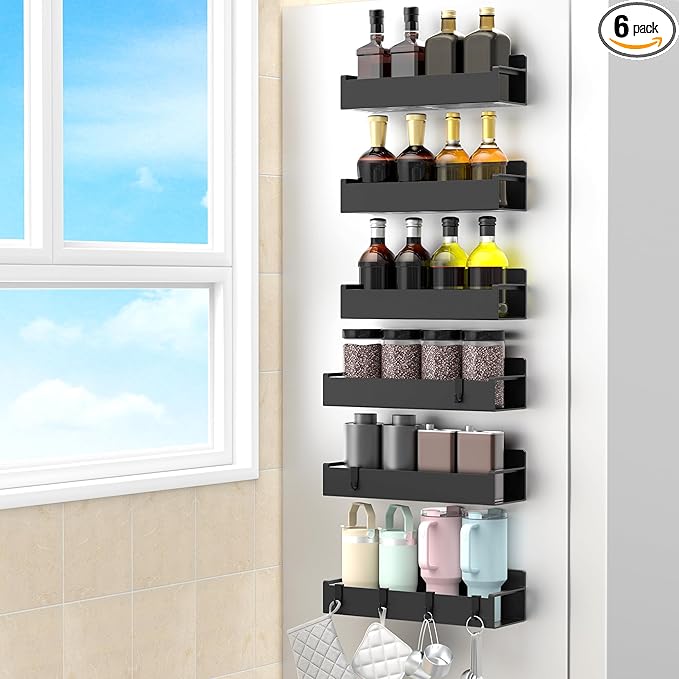 6 Pack Magnetic Spice Rack Organizer for Refrigerator and Oven, Black Fridge Organizers and Storage for Kitchen