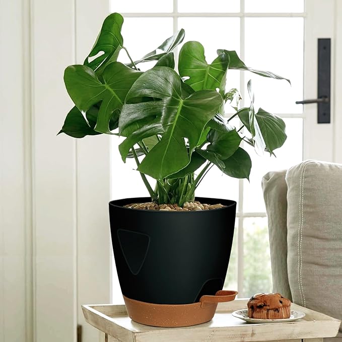 '- Uneed Plastic Flower Pot,5-Pack Plant Pots with Drainage 7/6.5/6/5.5/5 Inch,Self Watering Pots for Indoor Plants,Planters for Indoor Outdoor Plants (Black)