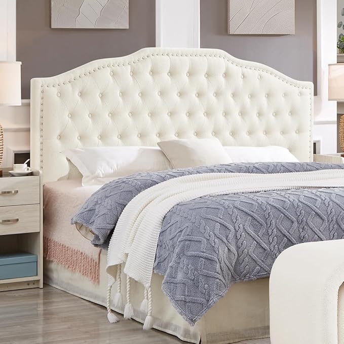 24KF Upholstered Button Tufted King Size Headboard with Nailhead Trim, Elegant Boucle Fabric California King headboard, 6031-K-Boucle-Ivory