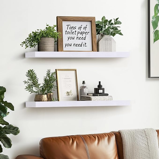 24"x6.8"x1.2" Solid Wood Floating Shelves 2-Pack - Rustic White Finish with Hidden Brackets, Perfect for Storage and Décor in Living Room, Kitchen, Bedroom