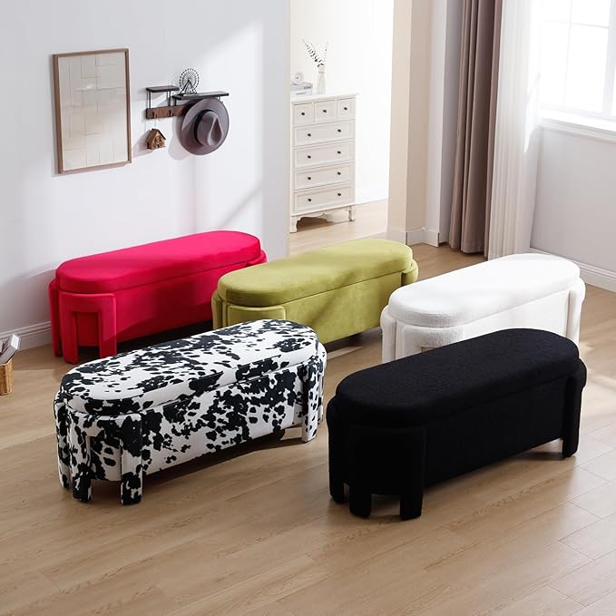 Modern Upholstered Storage Bench, Sherpa Fabric 50" Long Entryway Bench with Storage and Seating, Comfy Cute Ottoman Bench for Living Room/End of Bed/Hallway, Black