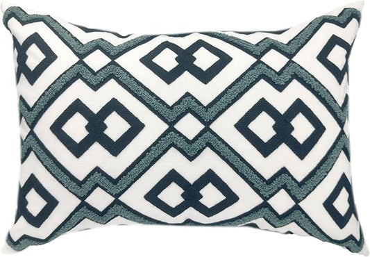 Alysheer Embroidered Lumbar Decorative Throw Pillow Cover 12"x 20", Classic Boho Geometric Embroidery Pattern Cotton Rectangular Cushion Case for Sofa Couch Living Room Bedroom (Navy Aqua)