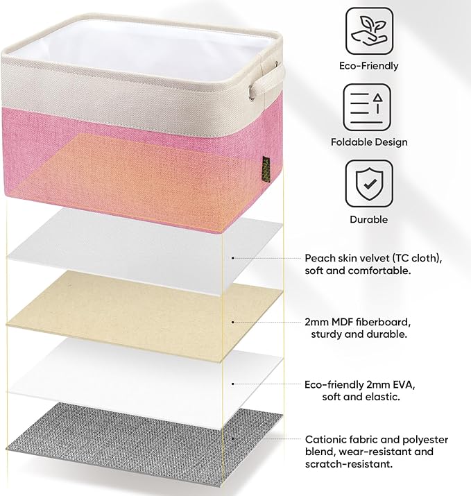 BALEINE 3 Pack Fabric Storage Bins for Shelves, Linen Storage Baskets for Organizing, Decorative Closet Bins for Clothes, Home (Pink, 12"x8"x8")