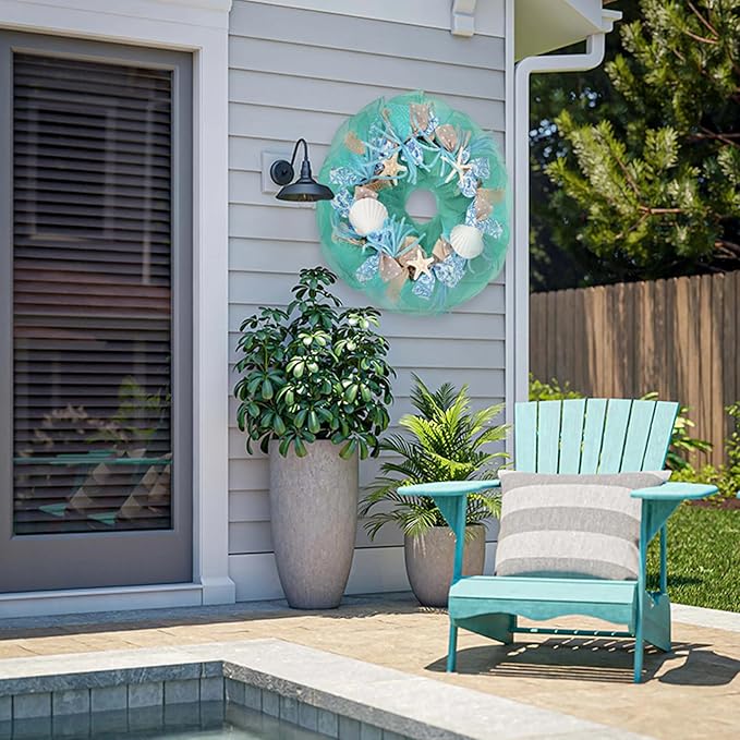 26 Inch Coastal Seashell Large Wreath with Natural Starfish & Scallops Shell, Lake Blue Beach Style Front Door Wreath with for Spring Summer, Farmhouse Rustic Indoor Outdoor Home Wall Wedding Decor