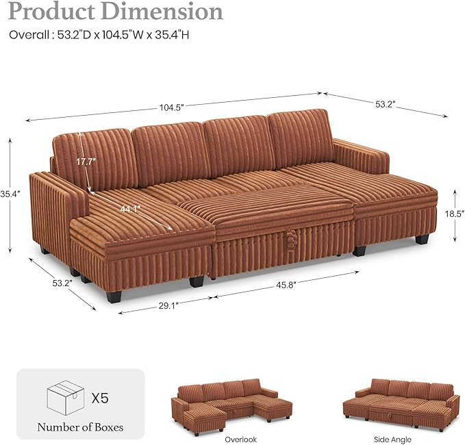 Belffin Modular Sectional Sleeper Sofa with Pull Out Couch Bed Corduroy Double Chaise with Storage Brick Red Couch