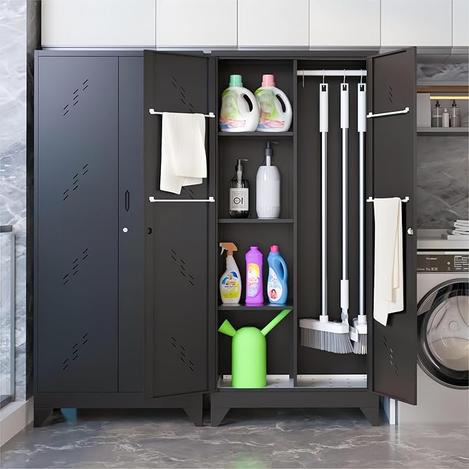 71" Broom Closet Cabinet with Hanging Rod, Tall Black Metal Storage Cabinet for Bathroom, Utility Room, and Garage