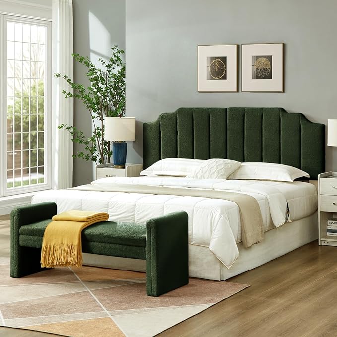 24KF Dark Green Teddy Fabric Tufted King Upholstered Headboard, Modern Vertical Channel Design California King Headboard with Stepped Silhouette Top Edge,6026-K-Teddy Dark Green