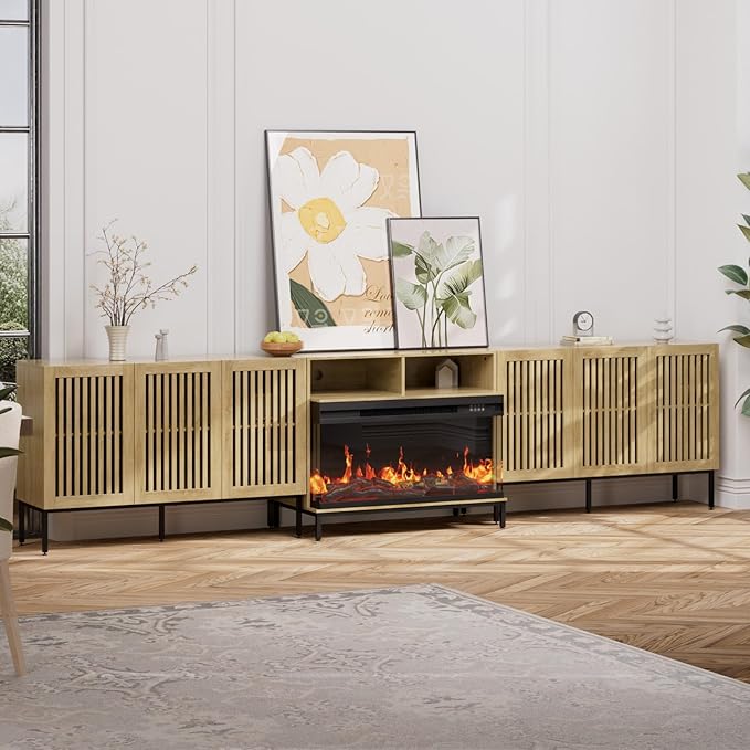 3-Sided Glass Farmhouse Fireplace TV Stand for TVs Up to 110 Inch, Oak Entertainment Center with 36" Electric Fireplace, TV Console with Storage Cabinets for Living Room