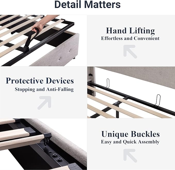 Allewie Full Size Lift Up Storage Bed, Button Tufted Headboard with Wingback, Hydraulic Support, No Box Spring Needed, Light Beige