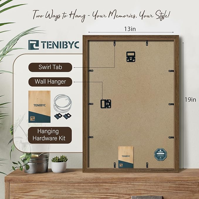 13x19 Picture Frame 3 Pack - Brown Woodgrain, Wood Photo Frame, HD Tempered Glass, Wall Gallery Poster Frame