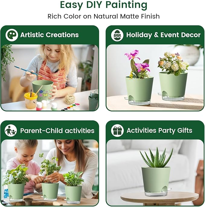 6 inch Self Watering Pots for Indoor Outdoor Plants, 3 Pack Flower Plant Pots with Drainage Holes and Clear Reservoirs, Visible Water Level, Plastic Planters with Wicking Rope, Green