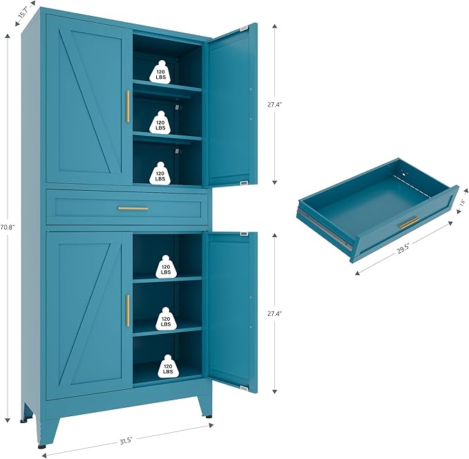 71 "Farmhouse Metal Filing Cabinet with a Drawer and 4 Adjustable Shelves, with 4 Large barn Door White Kitchen Cabinets, Metal Food Cabinets for Home, Kitchen, Dining/Living Room (Peacock Blue)