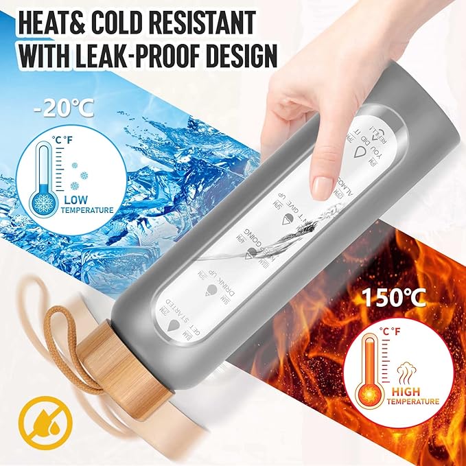 Aqulea Glass Water Bottles 32 Oz with Silicone Sleeve - BPA Free Reusable Wide Mouth Glass Motivational Water Bottles with Fruit Infuser – Leak Proof Borosilicate Water Bottle with Time Marker (Grey)