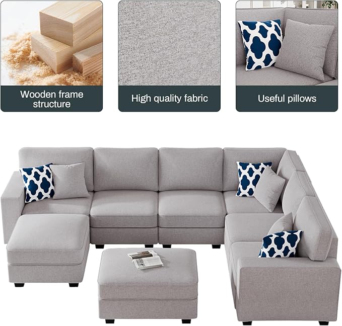 L Lengend Vansen Modular Sectional Sofa U Shaped Couch with Ottoman Modern Reversible Corner Sectional Couch for Living Room (Light Grey, U Shaped Sofa-3)