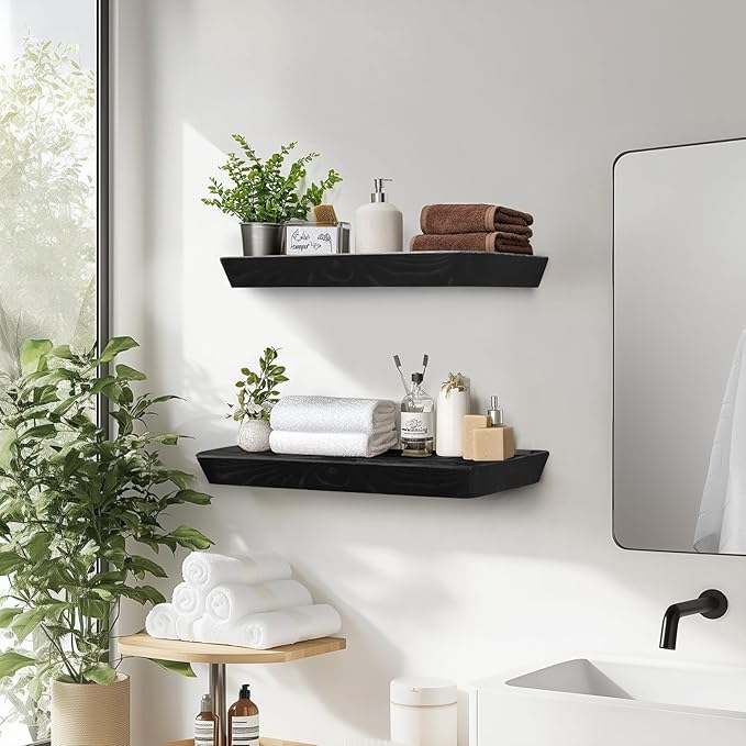 16"x6.8"x1.6" Slanted Floating Wall Shelves 2-Pack - Rustic Black Finish, Heavy-Duty Solid Wood Design with Hidden Brackets - Perfect for Living Room, Kitchen, Bathroom, or Office